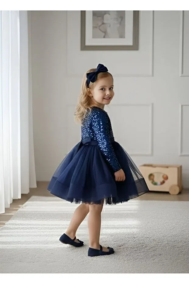 Детское платье для девочек с длинным рукавом Birthday party evening dress Mixie, Navy Blue — фото 4
