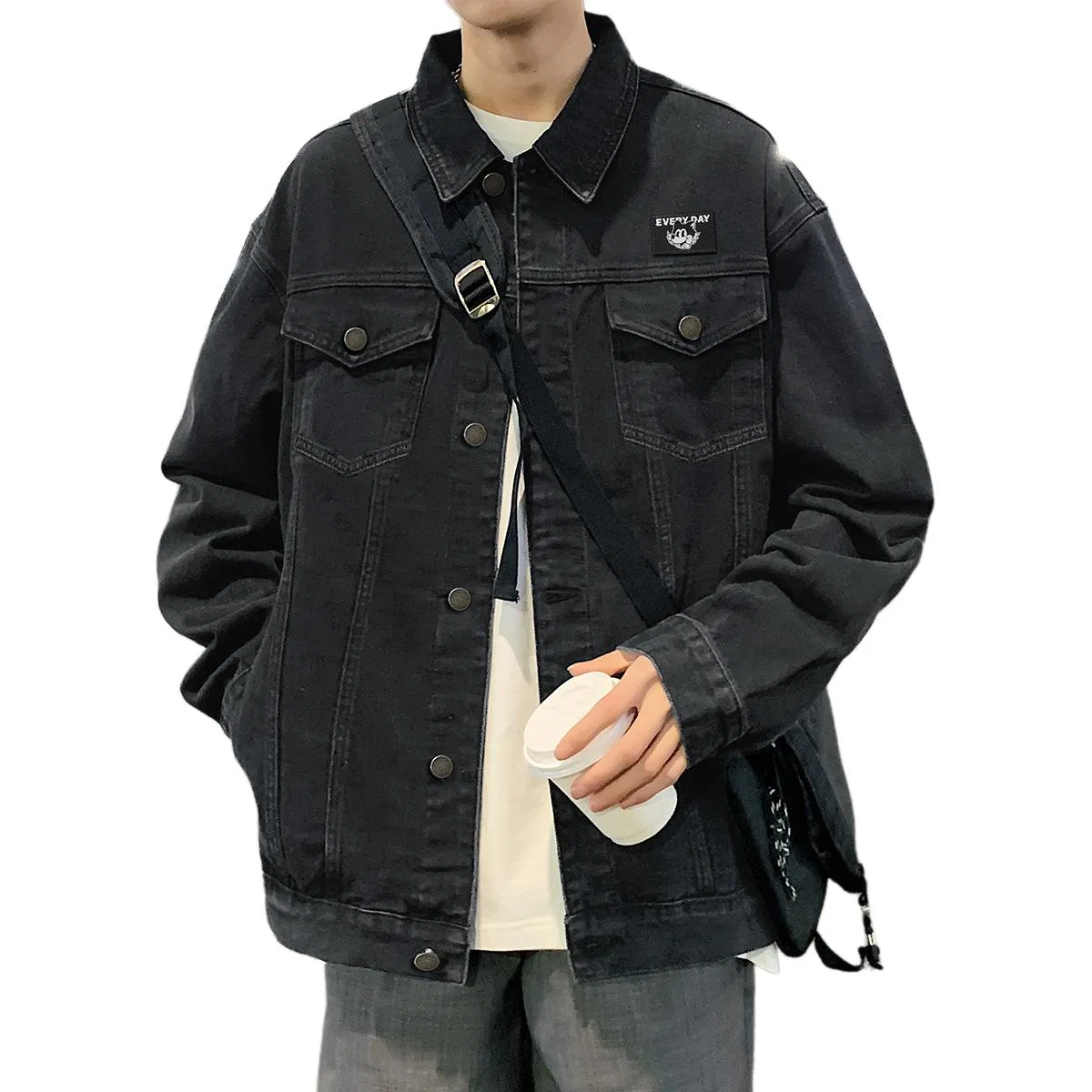 Детская джинсовая куртка свободного кроя с буквенным принтом Tonlion, Black Gray