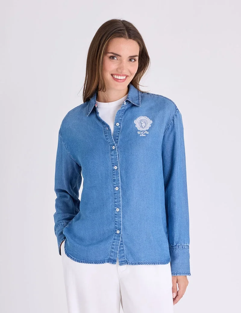 Женская рубашка U.S. Polo Assn. Long Sleeve Oversized Denim With Crest, средне-синий — фото 4
