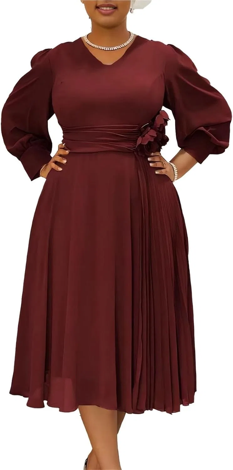 Женское вечернее платье миди V-образным вырезом и поясом, Wine Red