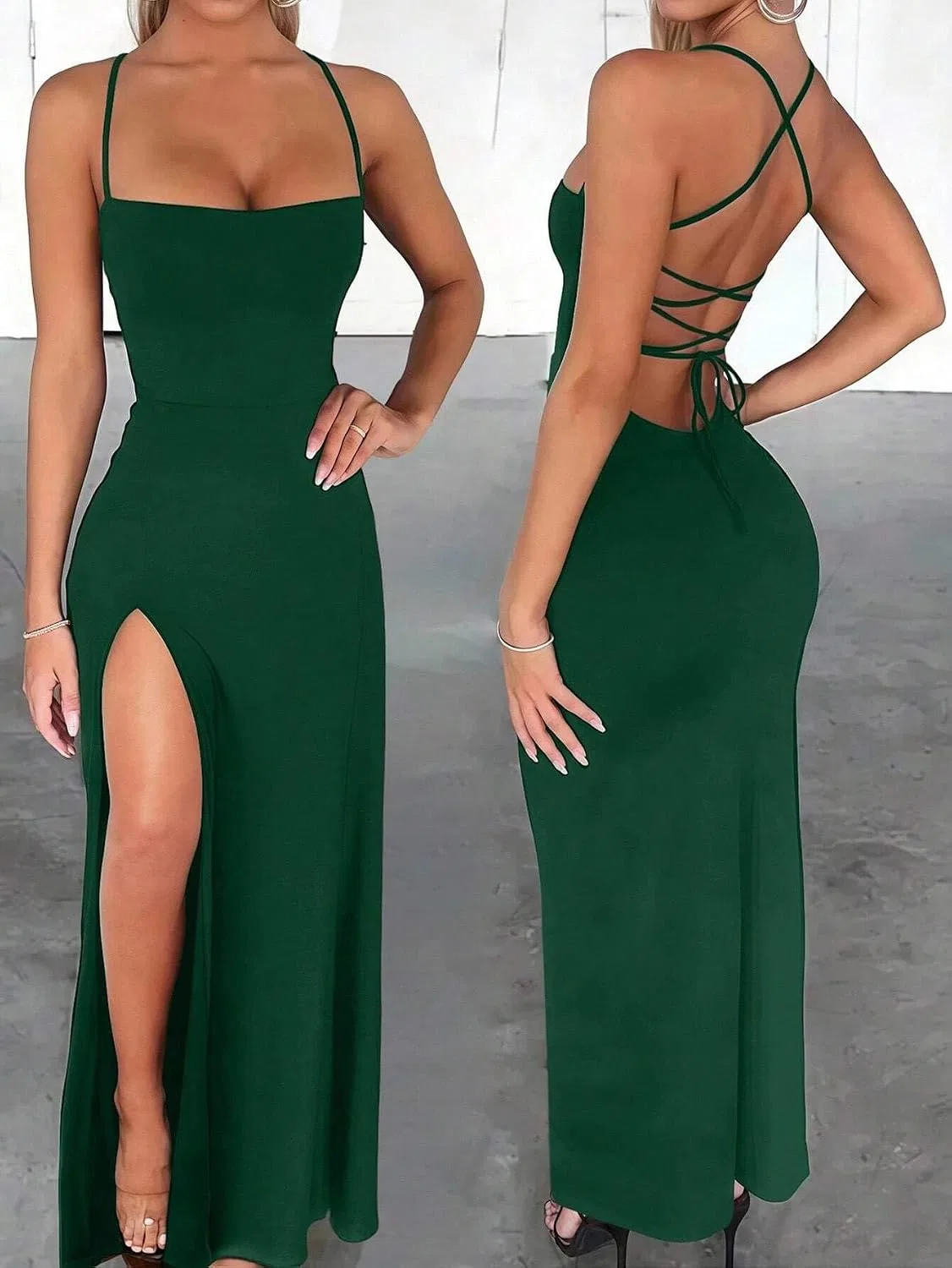 Женское длинное коктейльное платье на бретелях с разрезом Dark Green — фото 2