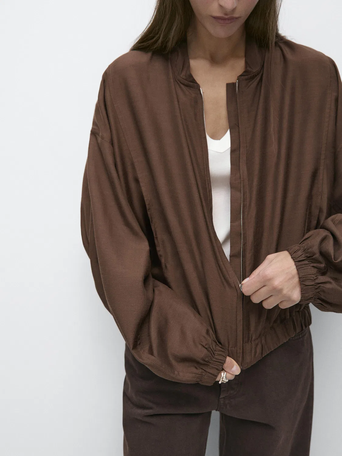 Свободная куртка-бомбер Massimo Dutti, коричневый — фото 3