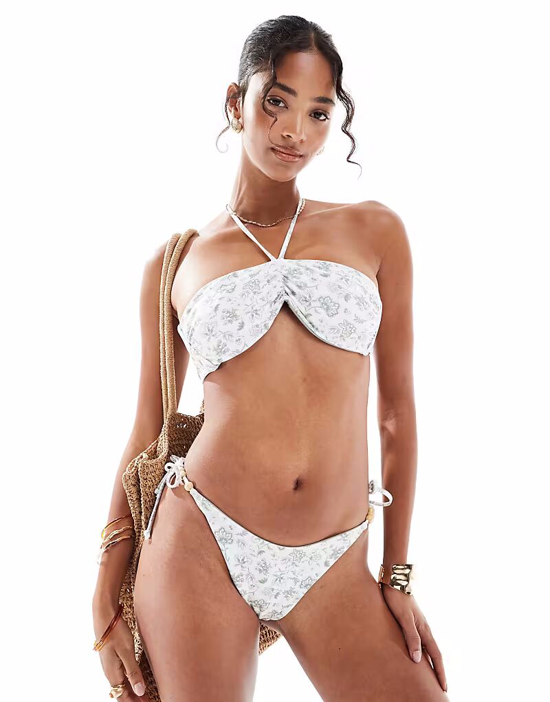 

Купальник Swimwear с завязками-бандо и верхом бикини в зеленом цветочном стиле Hollister
