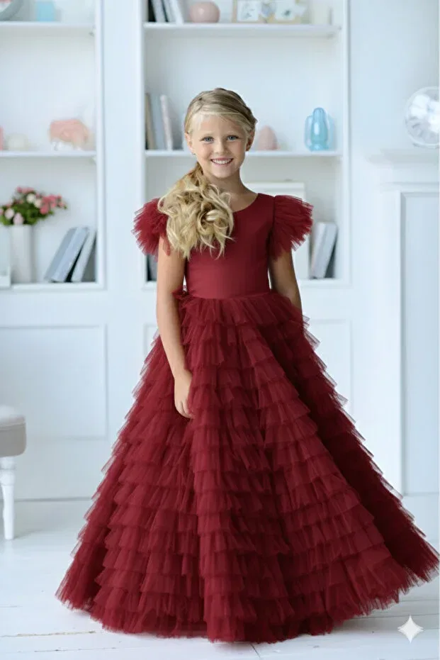 Детское платье для девочек с коротким рукавом-воланом Party Asel Kids, Burgundy