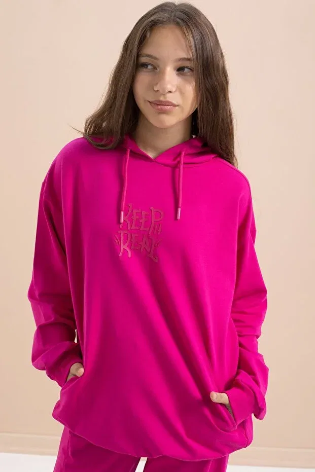 Детский спортивный комплект для девочек с принтом Fuchsia Text Printed Hooded Wide Leg Girls Tracksuit Set Cansın Mini, Fuchsia — фото 3