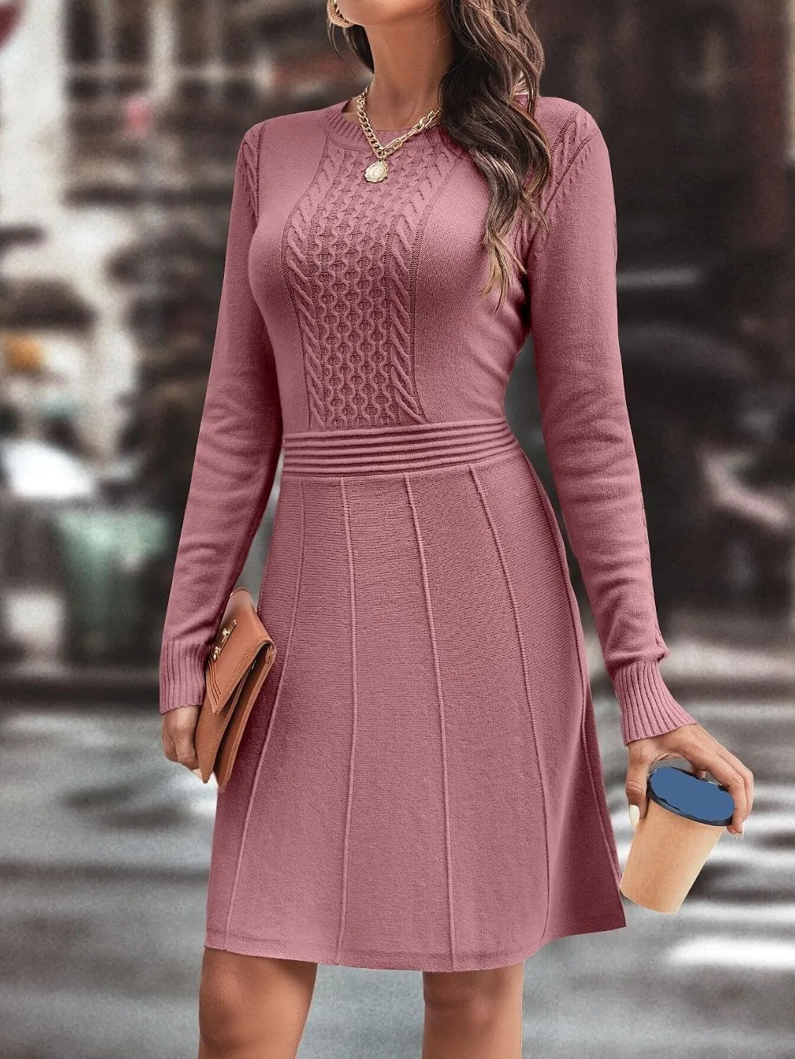 Женское короткое платье с длинным рукавом Knit Seam Detail, Dusty Pink — фото 3