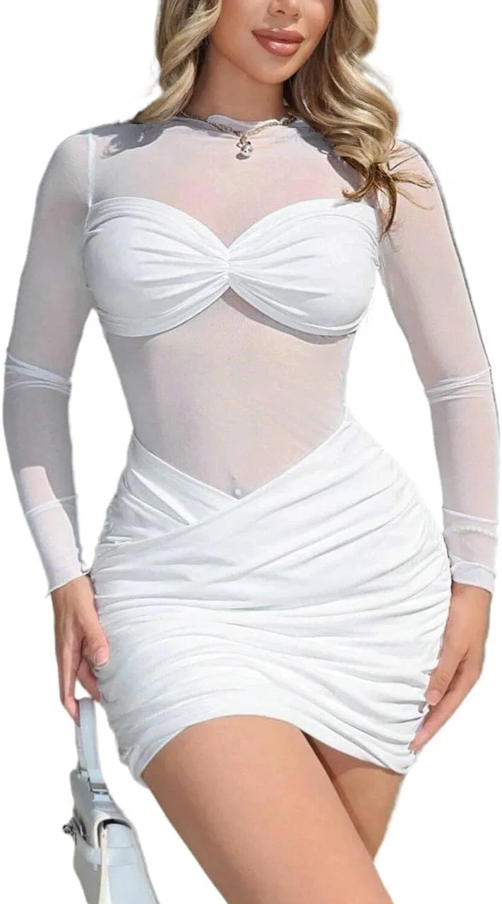 Женское облегающее мини-платье с длинным рукавом, White