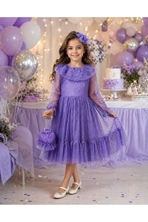 Детское платье для девочек с воланами с принтом в горошек Ruffled Front Small Polka Dot Tulle Layered Bag Buckle Girls' Dress Size Kids, Lila