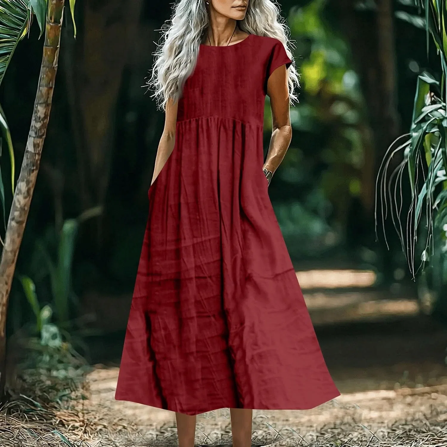 Женское летнее платье миди свободного кроя Linen, Red — фото 2