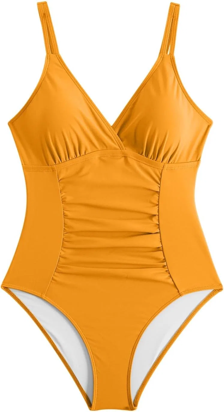 Женский танкини с запахом V-образным вырезом и утяжкой живота, Yellow — фото 3