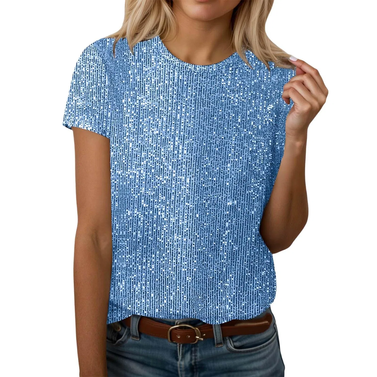 Женский топ с пайетками с коротким рукавом, F01 Blue