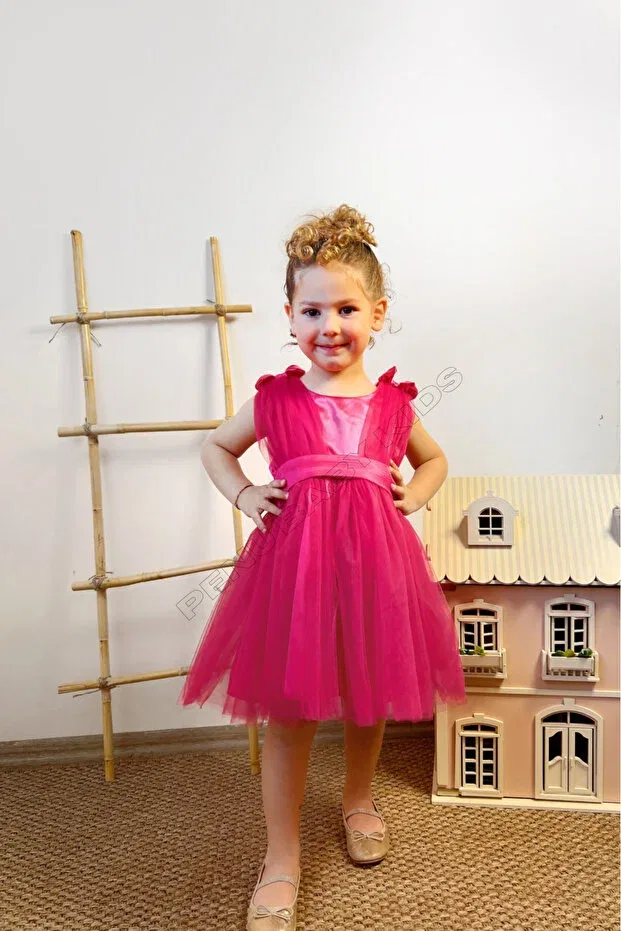 Детское платье для девочек с принтом Fuchsia top satin back big bow small bow detail tulle girl baby girl dress Penu Baby Kids, Fuchsia — фото 4