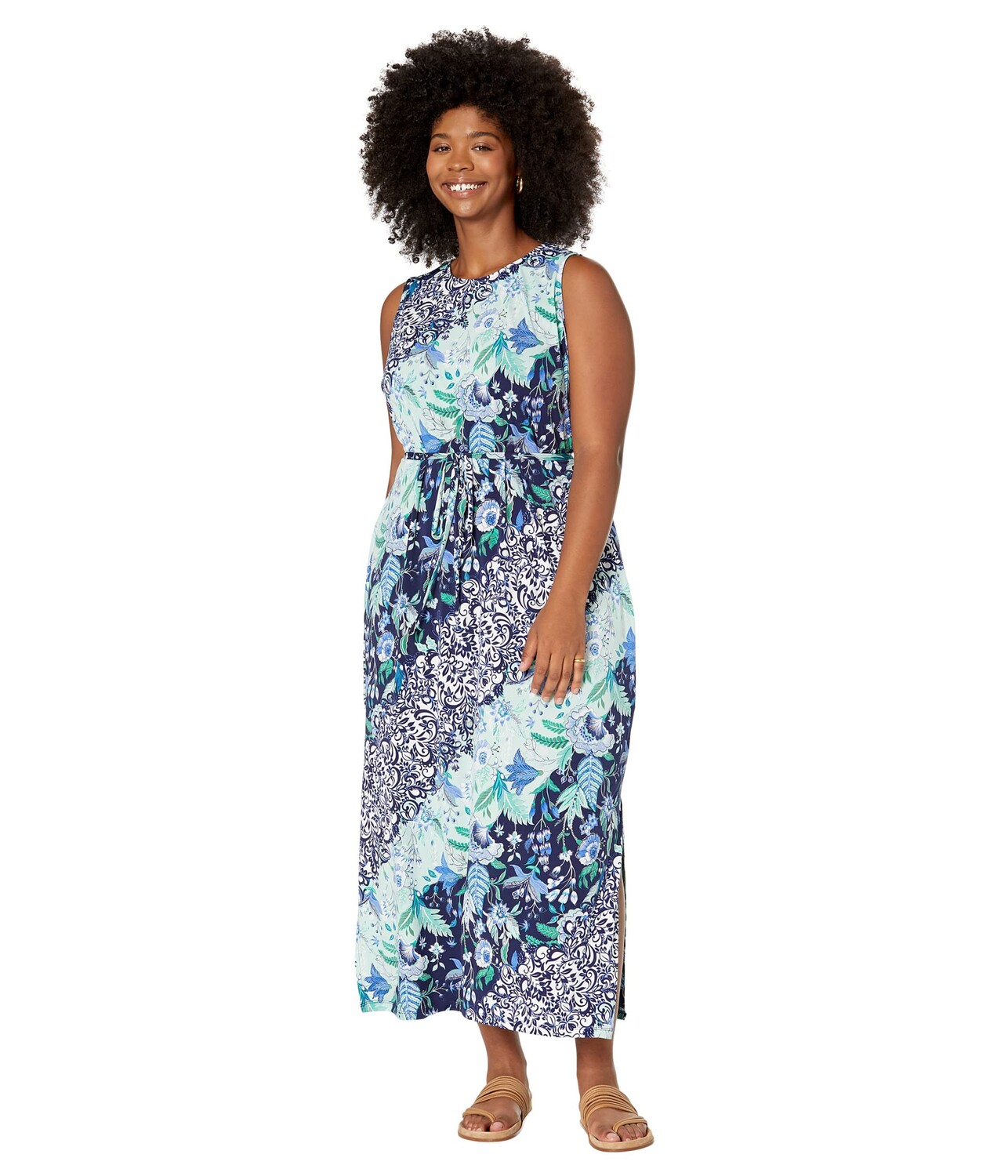

Платье London Times, Plus Size Halter Maxi Dress with Tie Waist/Side Slit