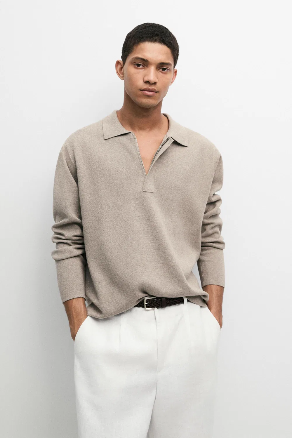 Свитер-поло Massimo Dutti Cotton Blend Zip-Up Knit, бежевый