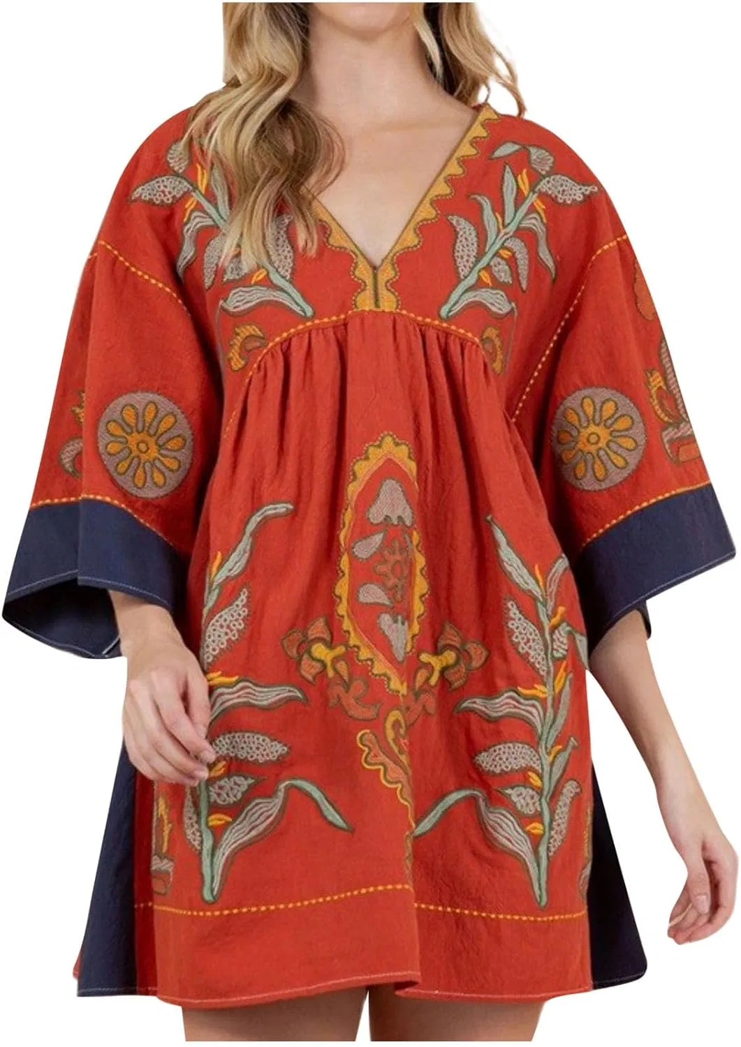 Женское свободное платье с вышивкой, V-образным вырезом и рукавами 3/4, Orange