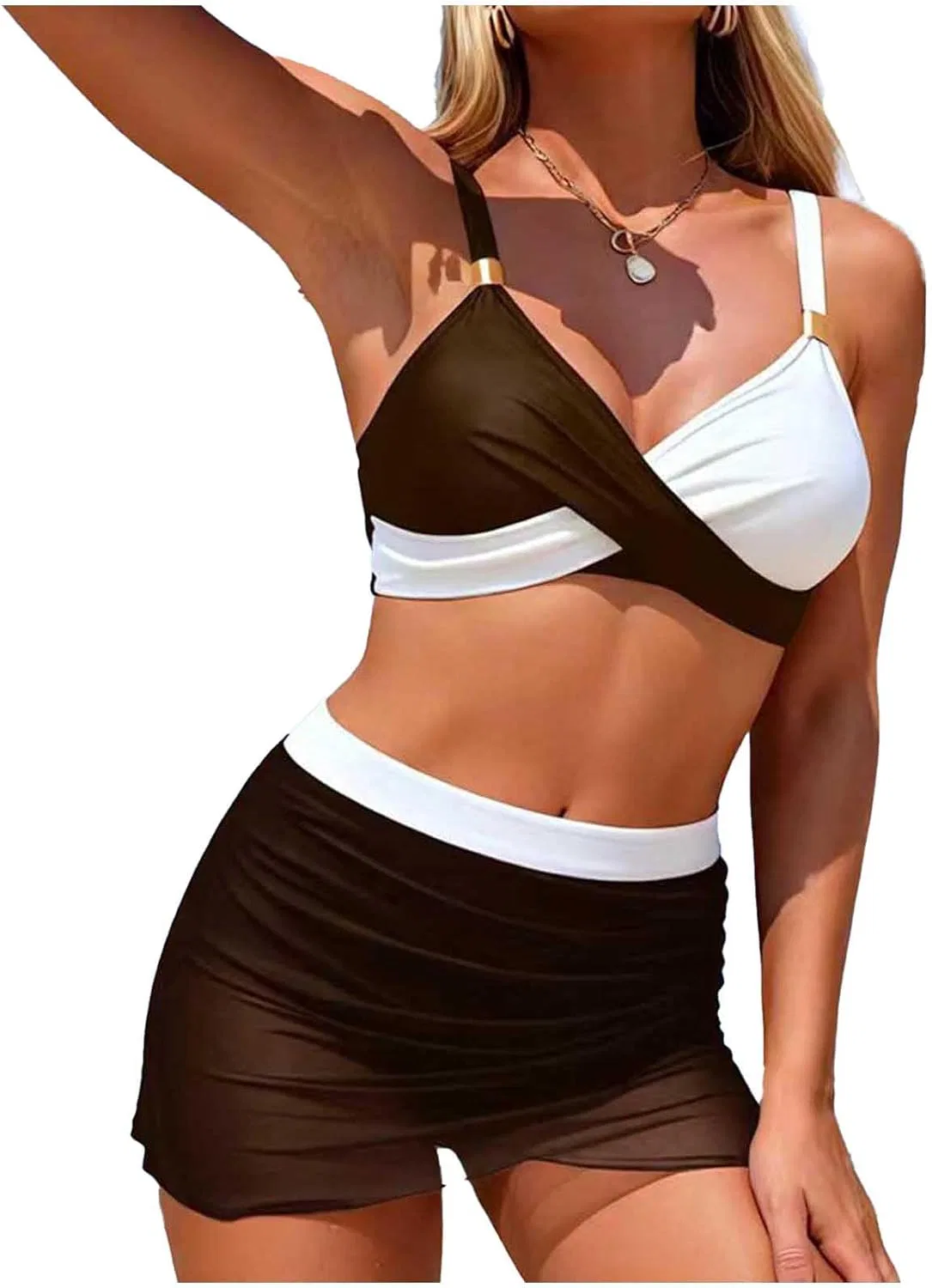Женский купальный костюм с завышенной талией Color Block Twist Front, Coffee