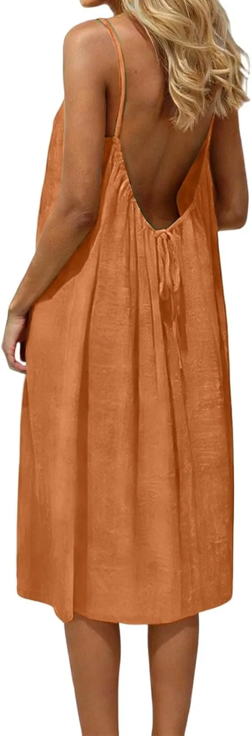 Женское пляжное льняное платье-макси с открытой спиной, Orange