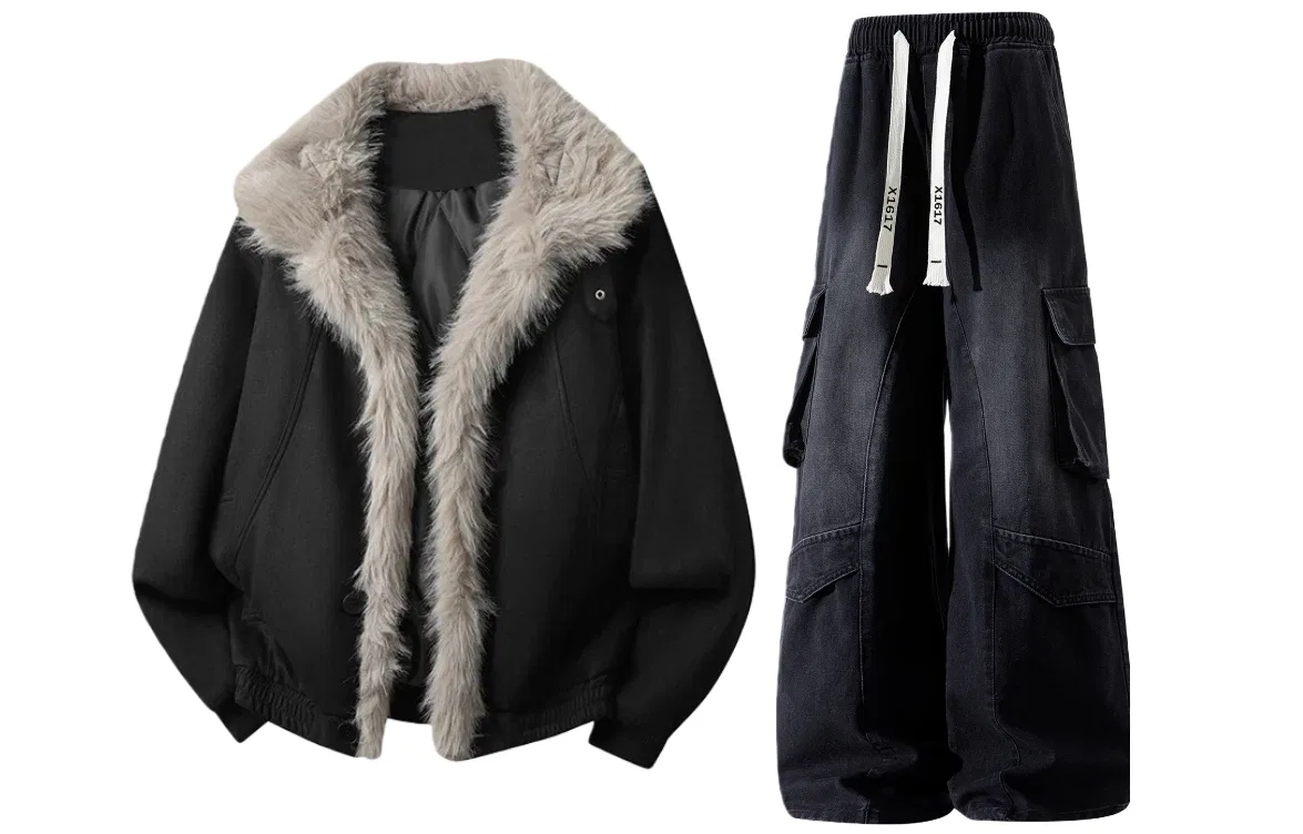 Детский комплект из утепленной куртки и брюк с воротником-стойкой X1617, Gray Puffer Jacket+Black Pants, Gray/Black — фото 3