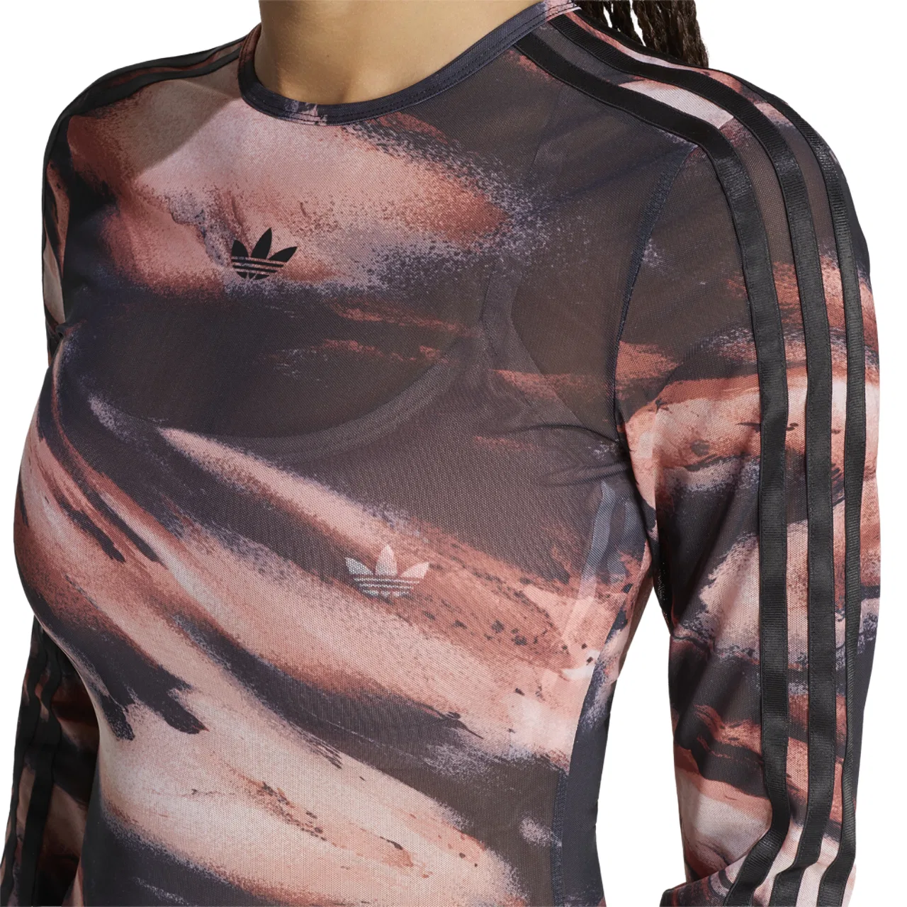 Женская футболка с длинным рукавом All Over Print Graphic Mesh LS Shirt adidas, Vermillion Crystal Linen Aurora Coffee — фото 3