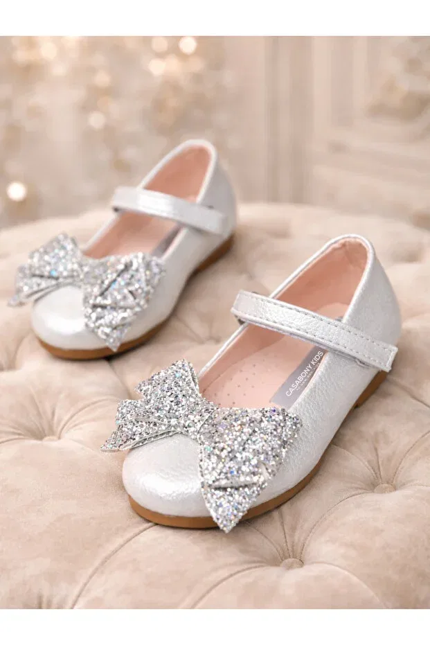 Детские балетки для девочек с бантом ✨ hologram party - holiday girls' ballet flats Casabony, Beige — фото 3