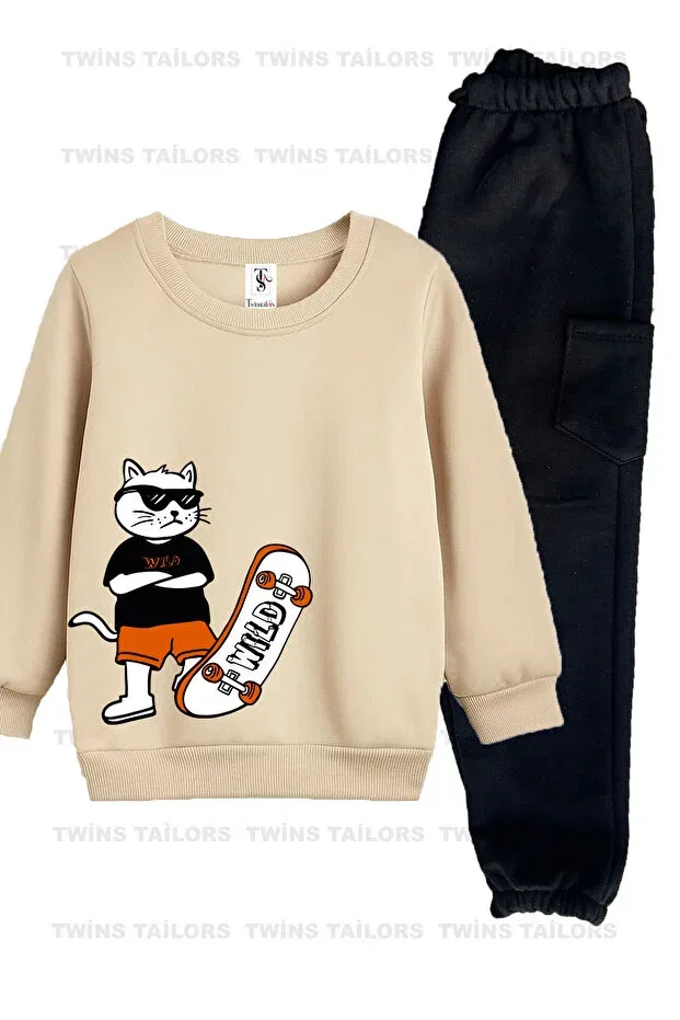 Детский комплект спортивного костюма для девочек с принтом Skateboard Cat Twins Tailors, Brown — фото 4