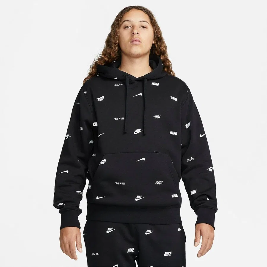 Свитшот мужской с капюшоном и принтом Nike Club Polar Allover, Черный — фото 2