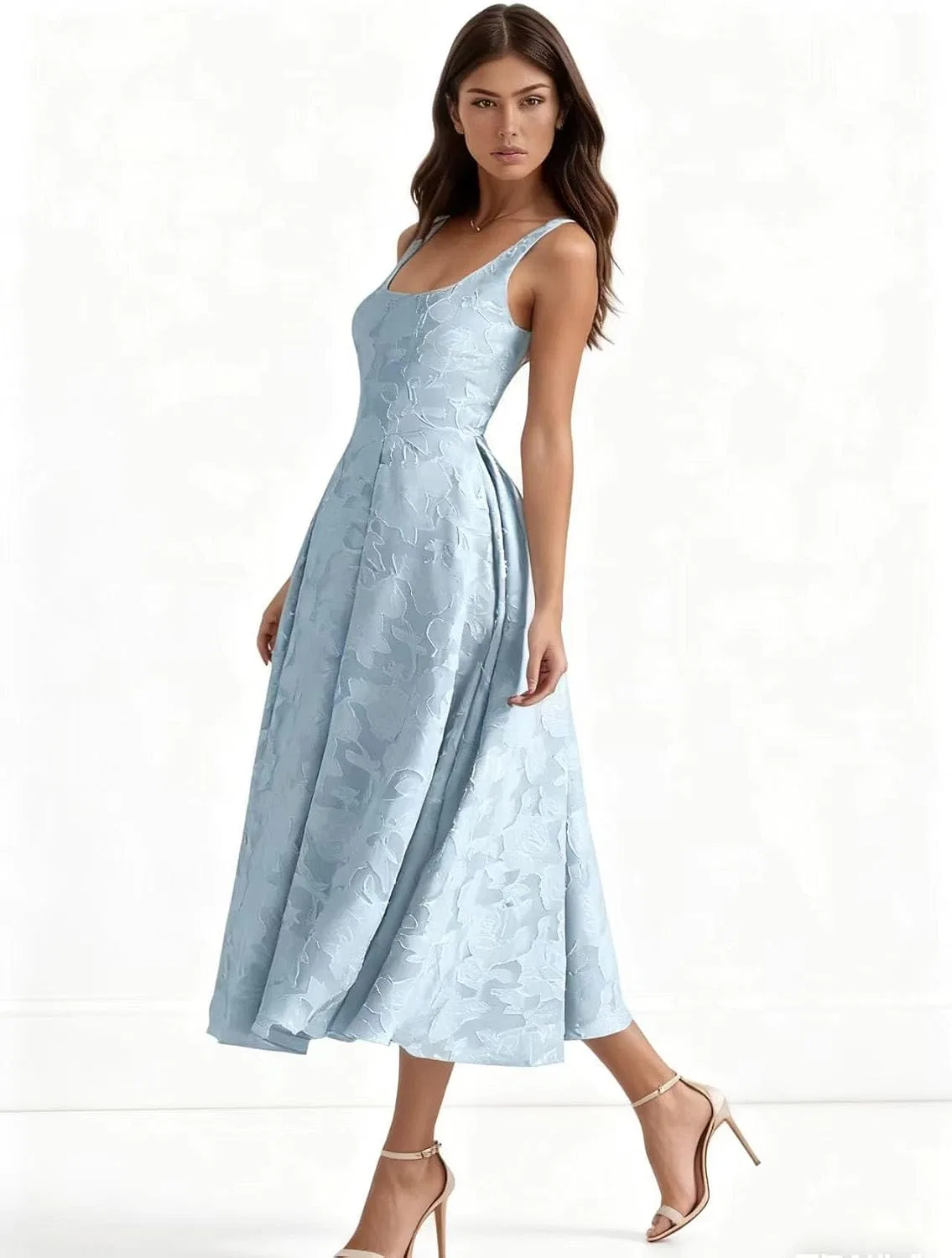 Женское платье для подружки невесты с жаккардовым кружевом, Tea Length, Navy Blue — фото 4