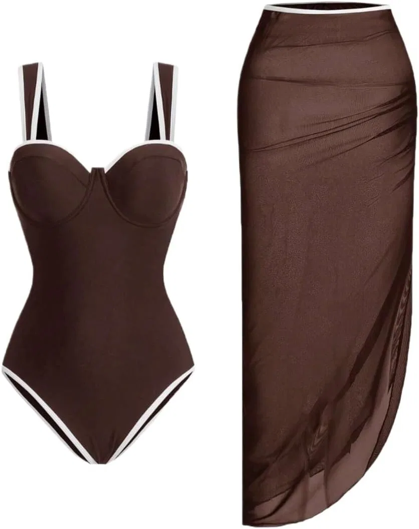 Женский слитный купальник с юбкой высокий стрейч DFWWAFBCB, Brown