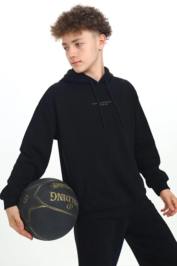 Детское худи для мальчиков с принтом Black Embossed Lettering Hooded Boys' Sweatshirt 19306 Cansın Mini, Black — фото 2