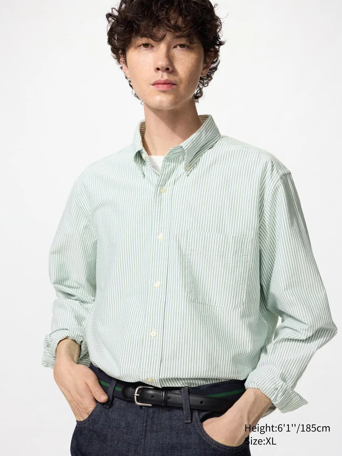 Рубашка Uniqlo, Оксфорд, в полоску, зеленый