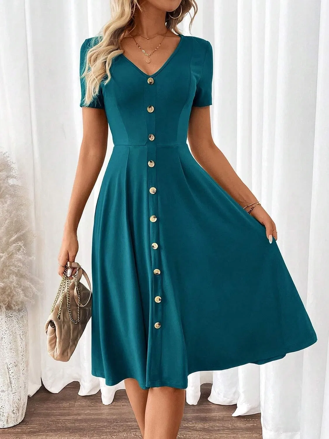 Женское платье миди V-образным вырезом Casual, Teal Blue — фото 2