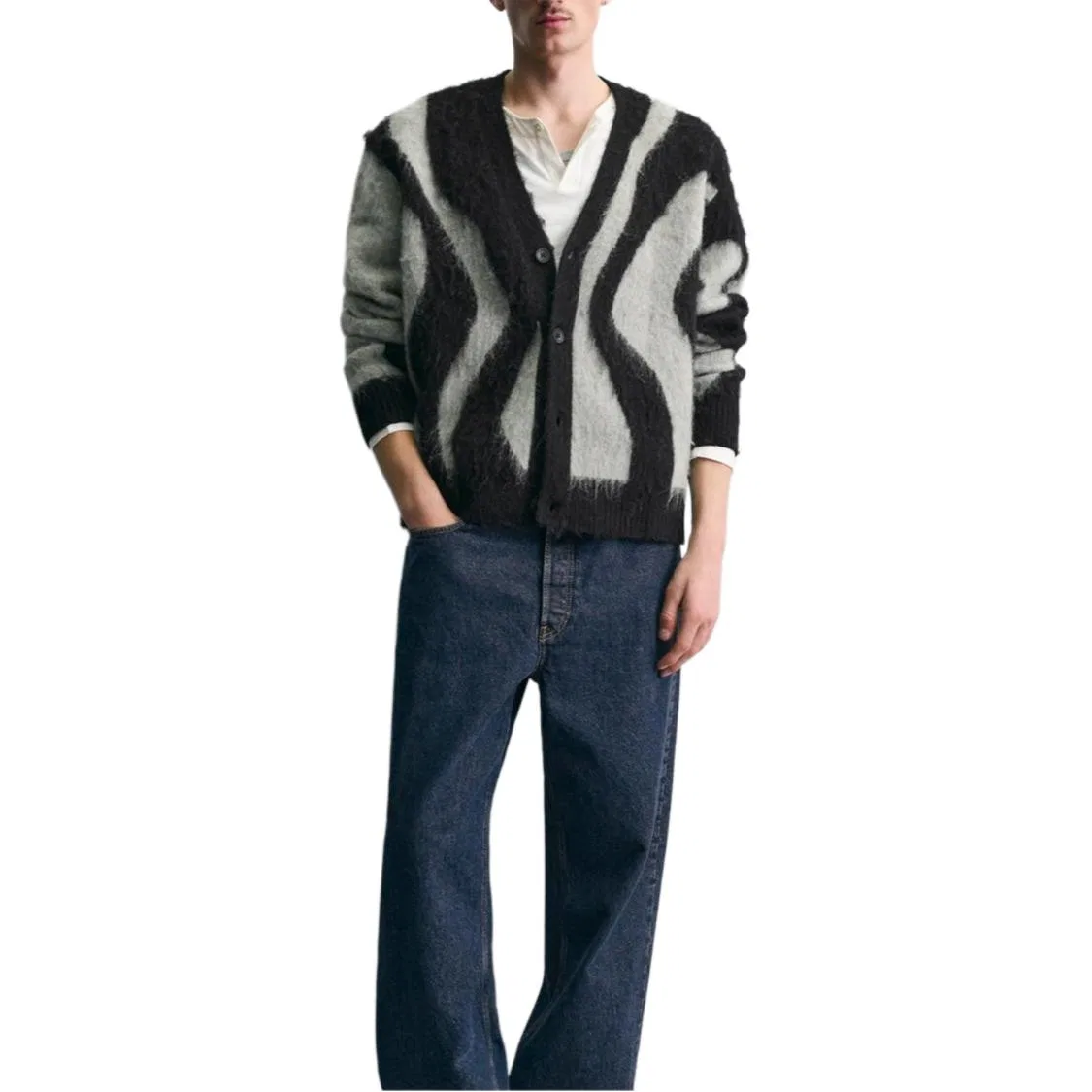 Мужской кардиган с V-образным вырезом Black ZARA, черный — фото 4