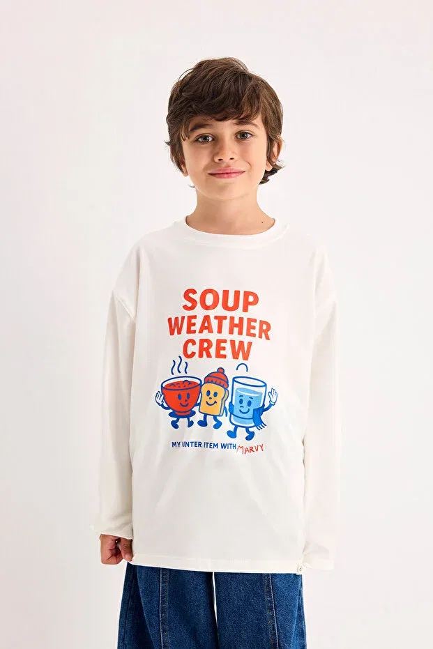 Детская футболка с длинным рукавом с принтом Winter Themed Printed Marvy, Ecru