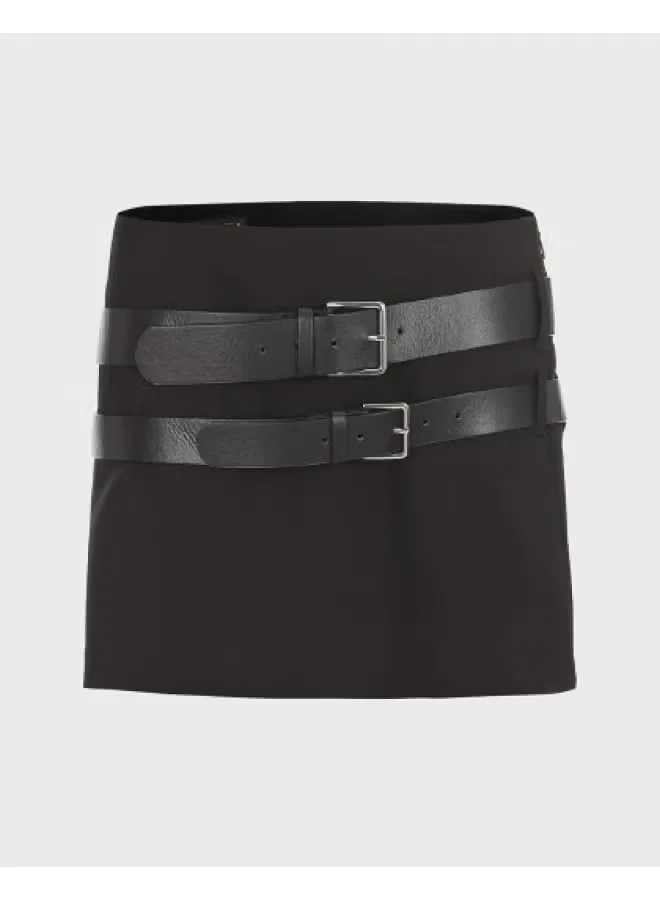 Юбка-трапеция однотонная мини с ремнем Zara, черный