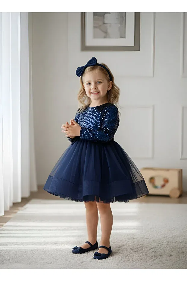 Детское платье для девочек с длинным рукавом Birthday party evening dress Mixie, Navy Blue — фото 3