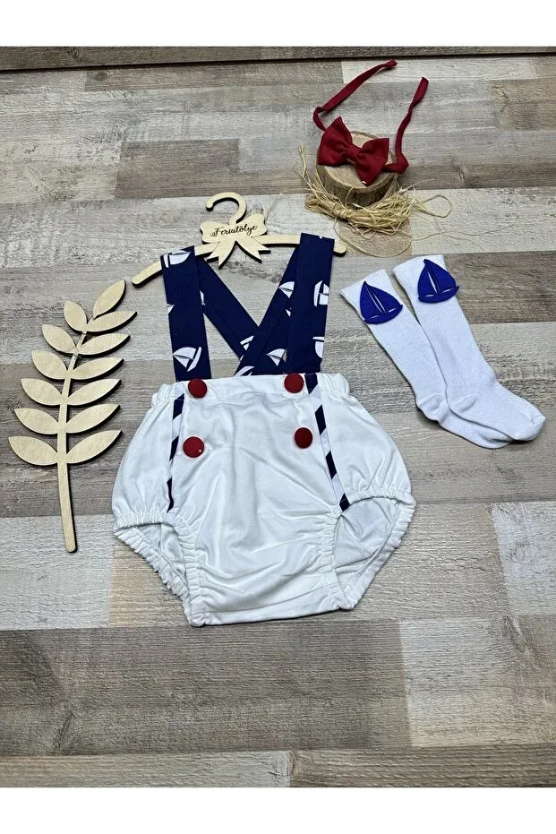 Детский комбинезон для мальчиков хлопковый Sailor concept ship figure baby boy salopette Feriatolye, White — фото 2