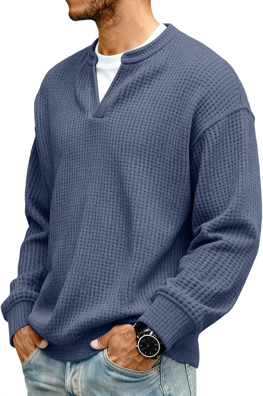 Женская длинная футболка с воротником-хенли Waffle Knit, Navy — фото 3