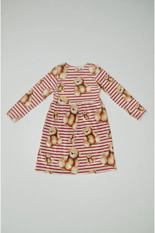 Детское платье для девочек с длинным рукавом Seasonal Long Sleeve Striped Bear Printed Dress Baby Slon Kids Clup, Red — фото 2