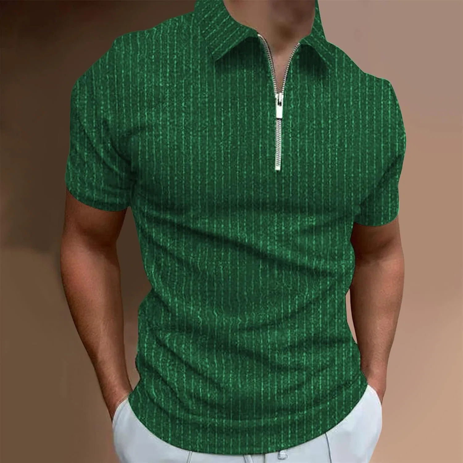 Мужская облегающая футболка поло с молнией Generic, Green — фото 2