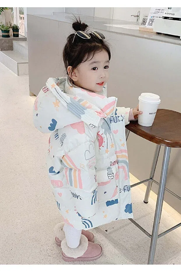 Детское зимнее пальто для девочек с принтом Naynes, Entertainment White — фото 2
