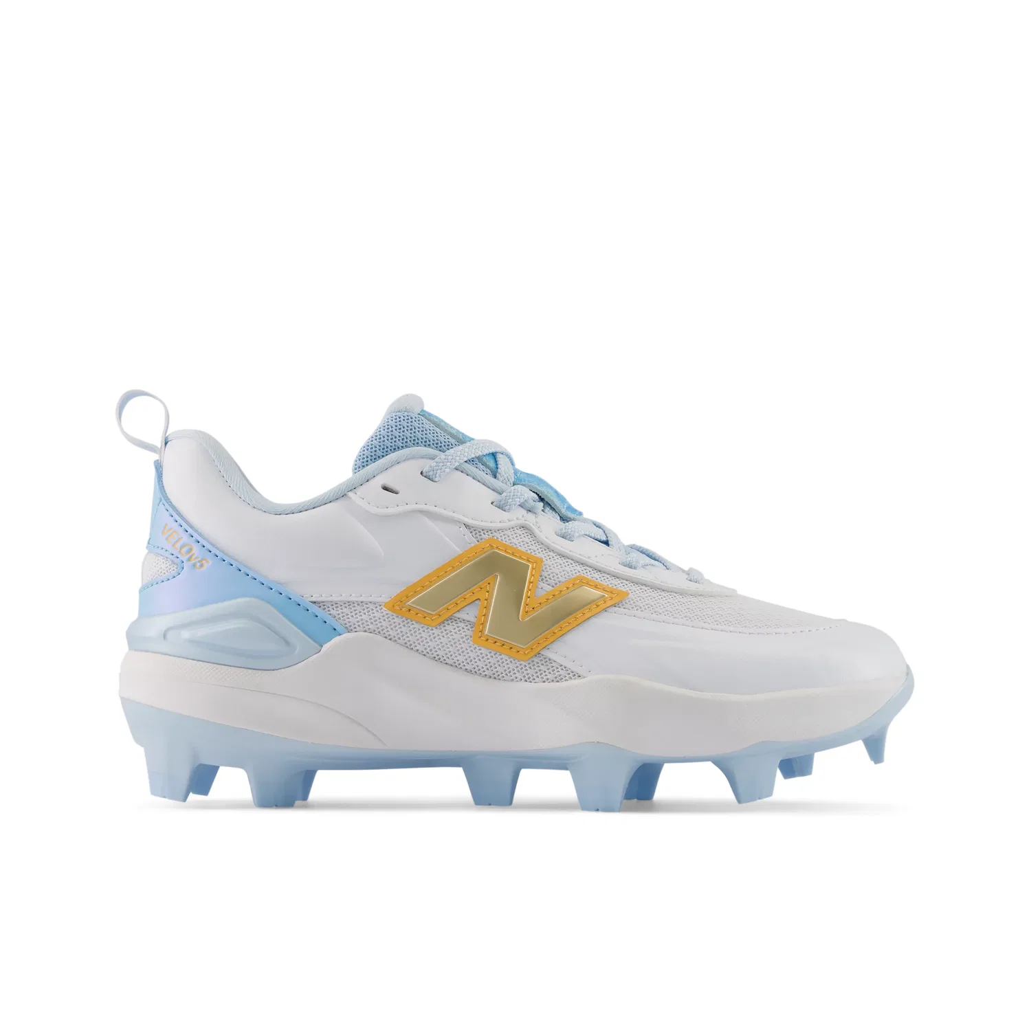 Детские бутсы для софтбола с шнуровкой Velo v5 New Balance, White With Team Sky Blue And Gold