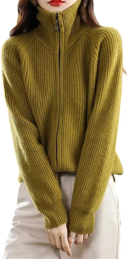 Женский кардиган на молнии с воротником-стойкой, Merino Wool, Fengye Yellow