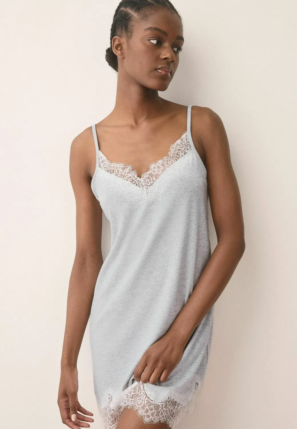 Ночная рубашка в рубчик с кружевной отделкой Next, Light Grey
