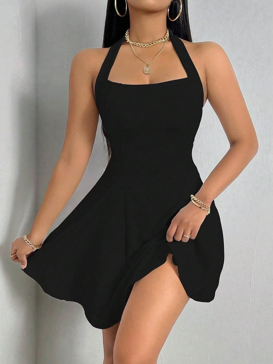 Женское A-силуэта платье на бретелях с открытой спиной, Black — фото 2