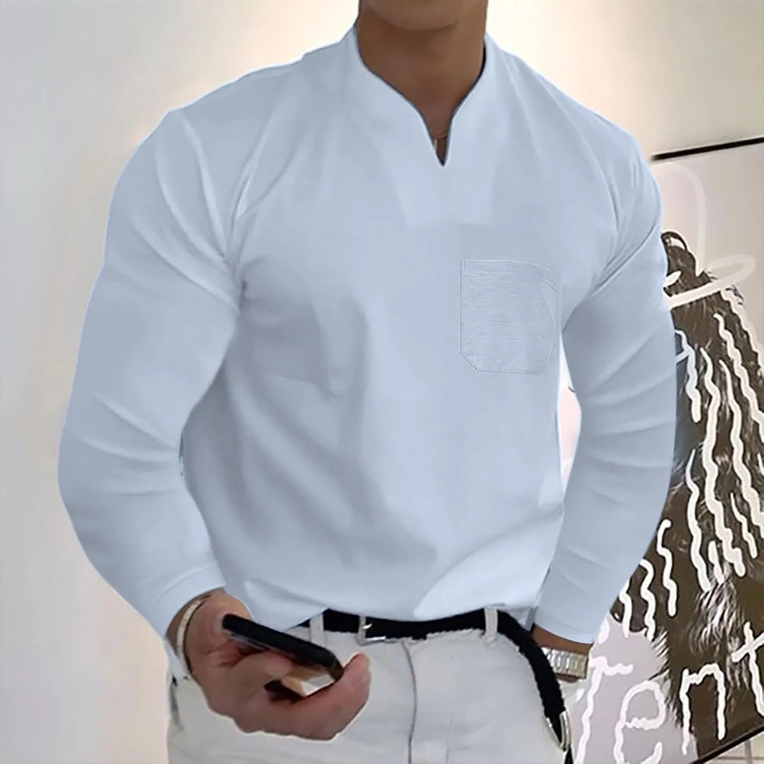 Мужская футболка с V-образным вырезом, длинный рукав, White — фото 2