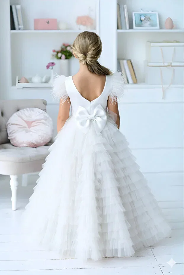 Детское платье для девочек с длинным рукавом-воланами A-line Asel Kids, White — фото 2