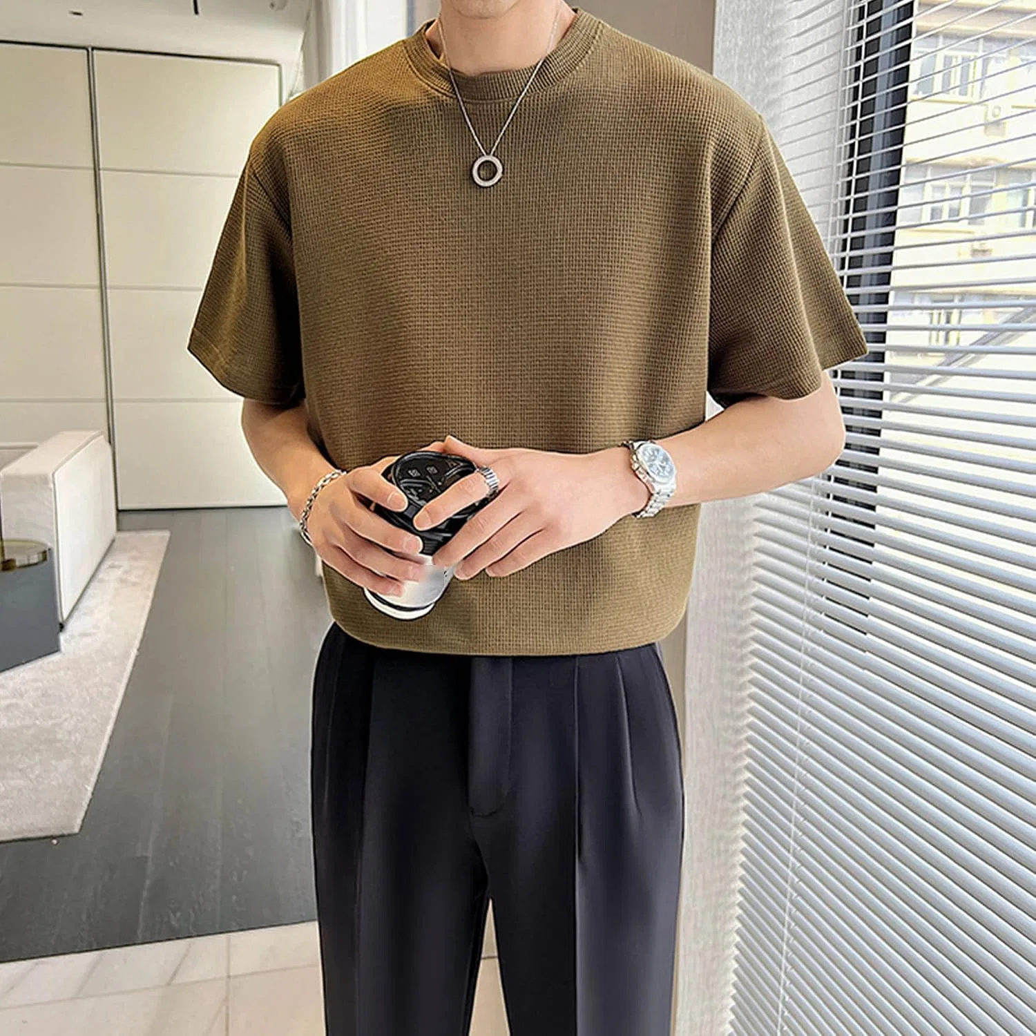 Мужская футболка с вафельным переплетением, короткий рукав, Slim Fit, Army Green — фото 2