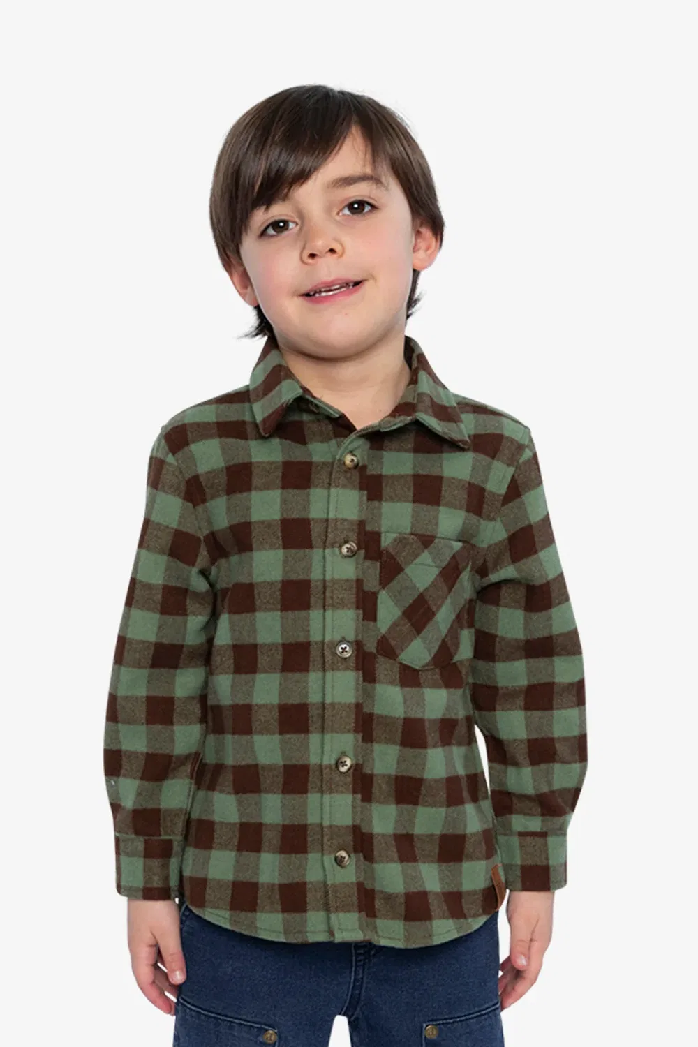 Детская рубашка с длинным рукавом в клетку Deux par Deux, Green and Brown Plaid — фото 2