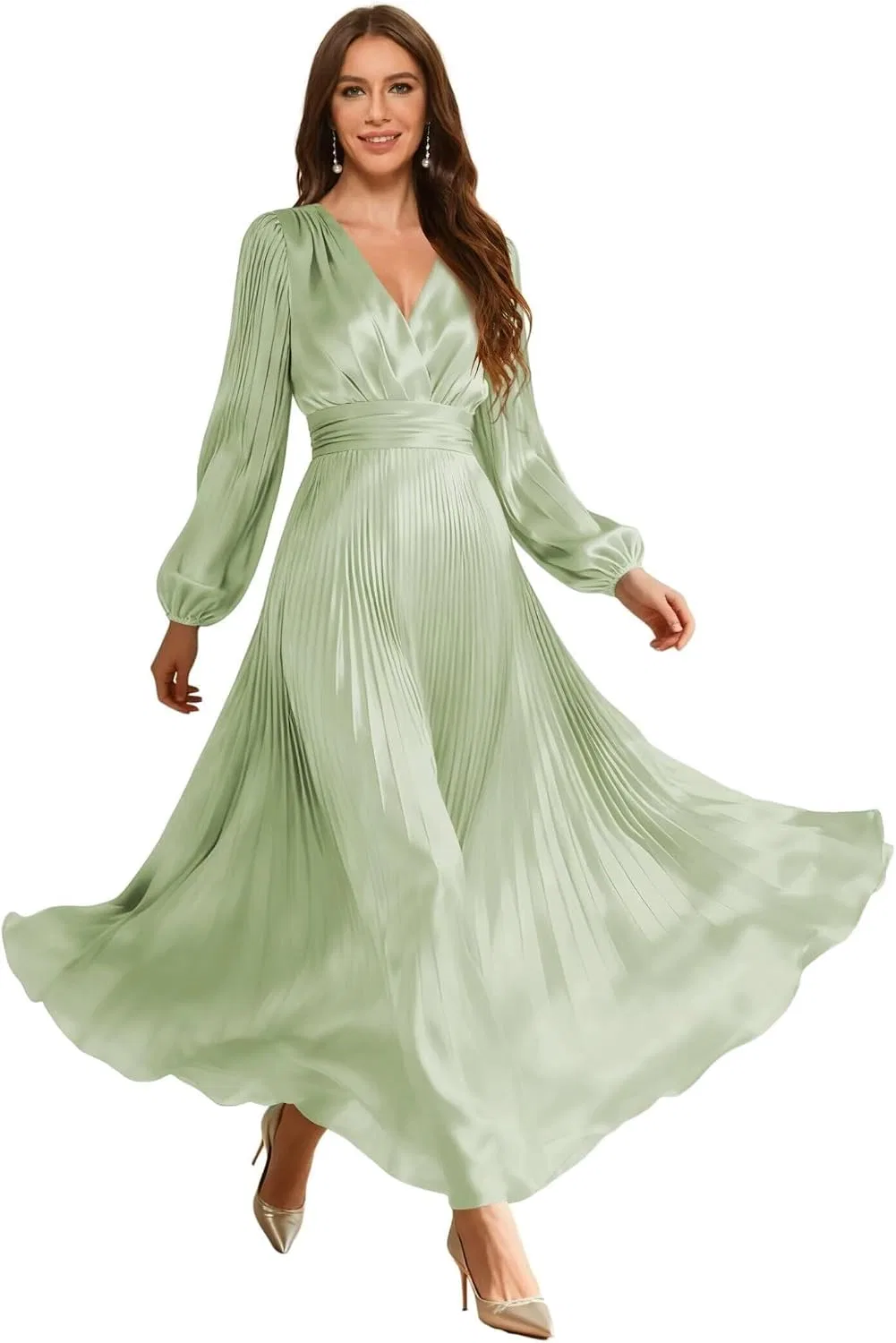 Женское длинное платье с V-образным вырезом и плиссировкой, Sage Green