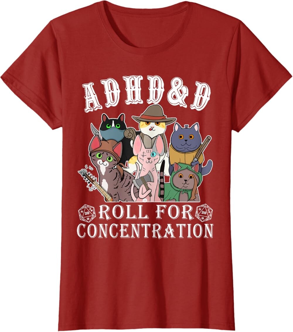 

Женская футболка Funny Tees Gamer RPG Apparel Cats RPG Gamer Roll For Concentration D20 Dice Nerdy, красный